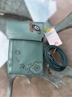Chala NWT Teal Embroidered Leather Crossbody Phone Bag with Detachable Strap
